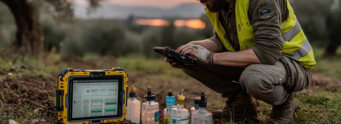 Field technician logging water samples on a tablet at a sampling point connected to cloud LIMS
