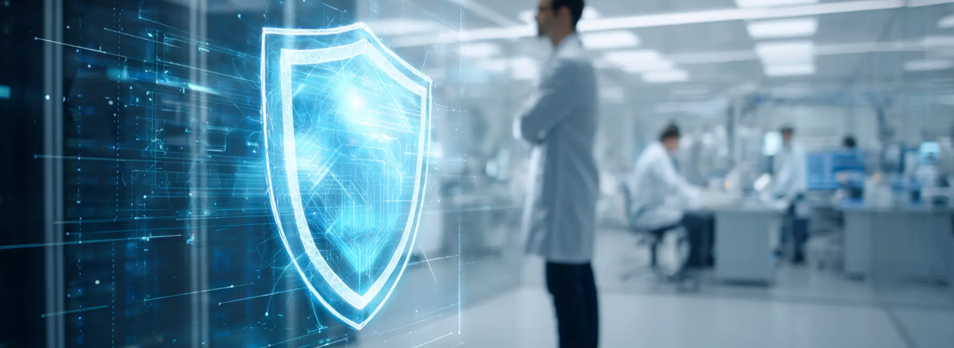 Data center servers with a glowing security indicator, symbolizing backup protection