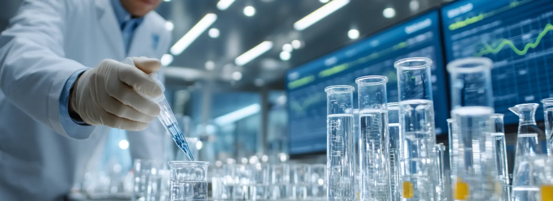 Lab analyst reviewing control charts and analytical trends across multiple screens