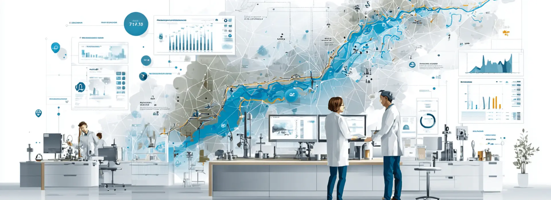 Laboratory manager tracking several public water data platforms across multiple screens