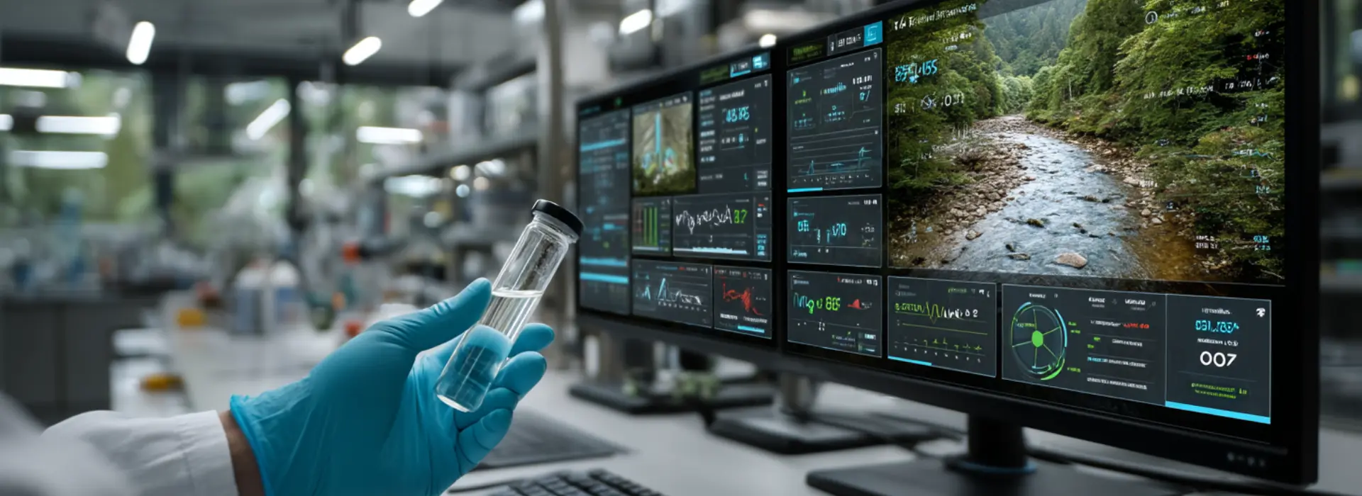 Accredited water laboratory with LIMS system displaying traceability and quality control dashboards