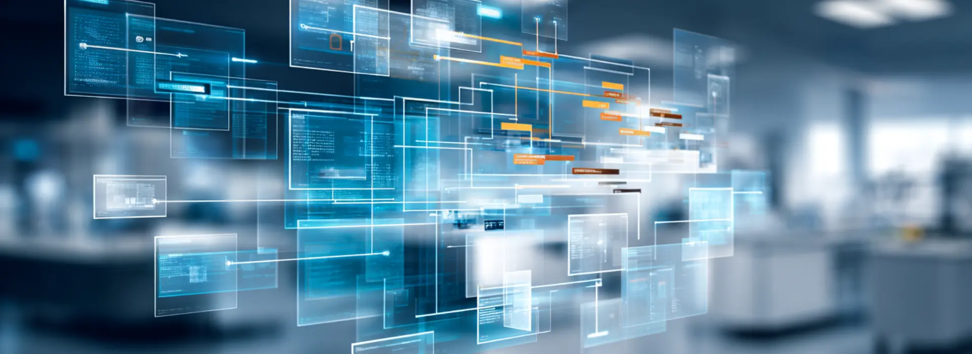Abstract digital panel with interconnected technical and financial documents representing LIMS-ERP integration