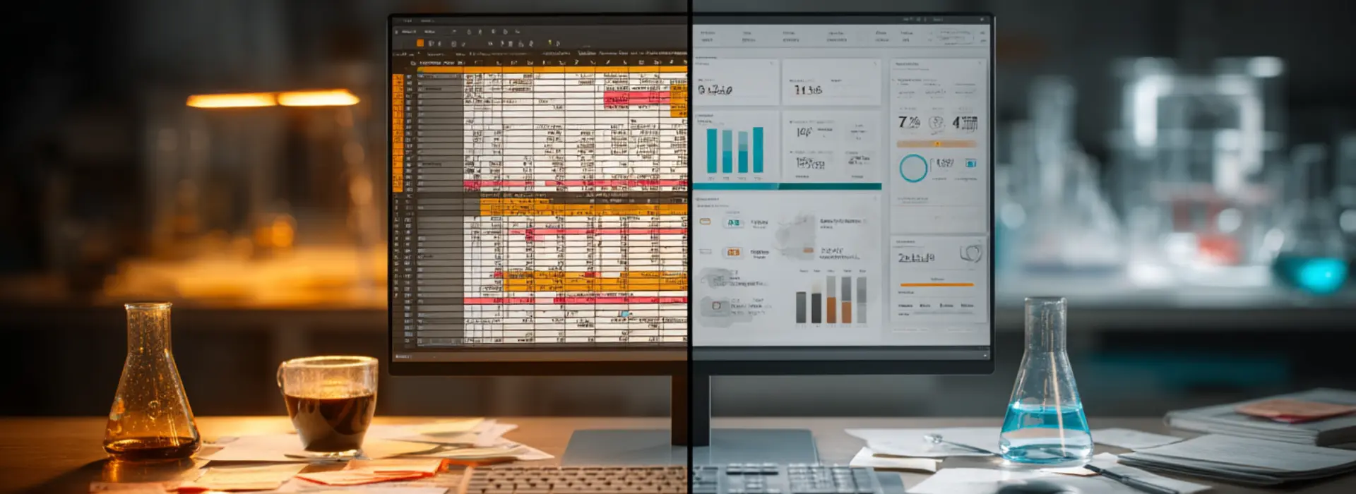 Comparativa visual entre una hoja de cálculo caótica y un dashboard LIMS moderno en un laboratorio