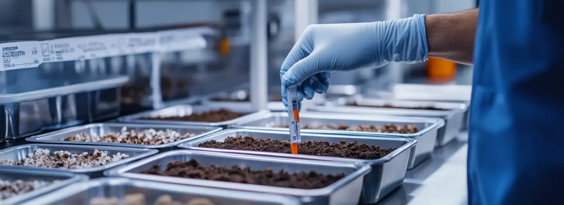 Técnico de laboratorio preparando muestras de suelo con tamiz y equipo de molienda en un entorno analítico profesional