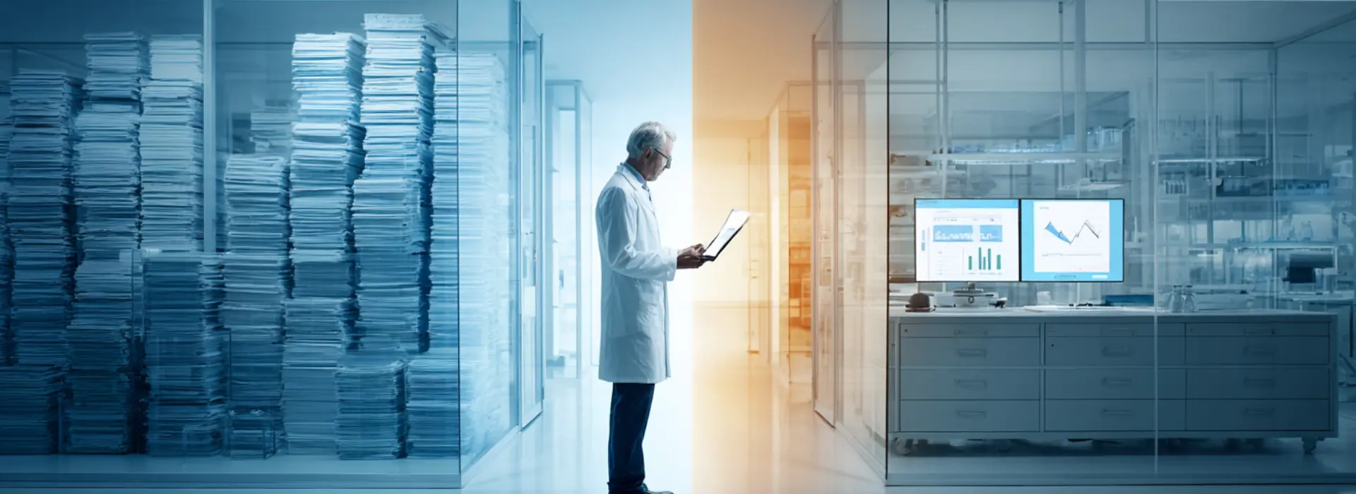 Técnica de laboratorio consultando un flujo de trabajo digitalizado en un LIMS desde una pantalla