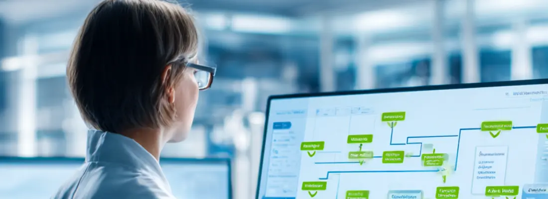 Técnica de laboratorio consultando un flujo de trabajo digitalizado en un LIMS desde una pantalla