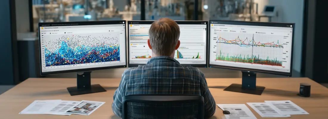 Technician analyzing trends in control data