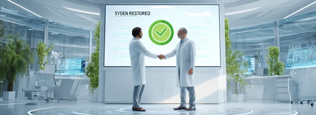 Two lab technicians shaking hands in front of a screen confirming successful system restoration