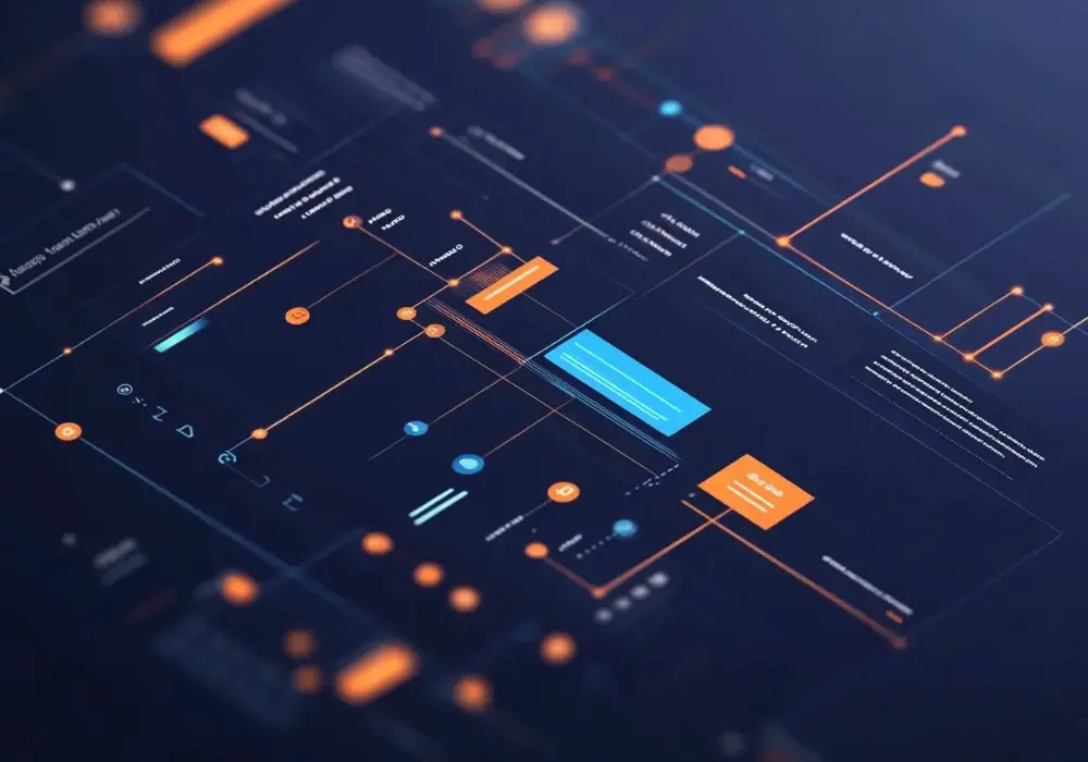 Panel de planificación digital con líneas de tiempo paralelas mostrando asignación de tareas y prioridades en un laboratorio, con estética navy, cyan y naranja
