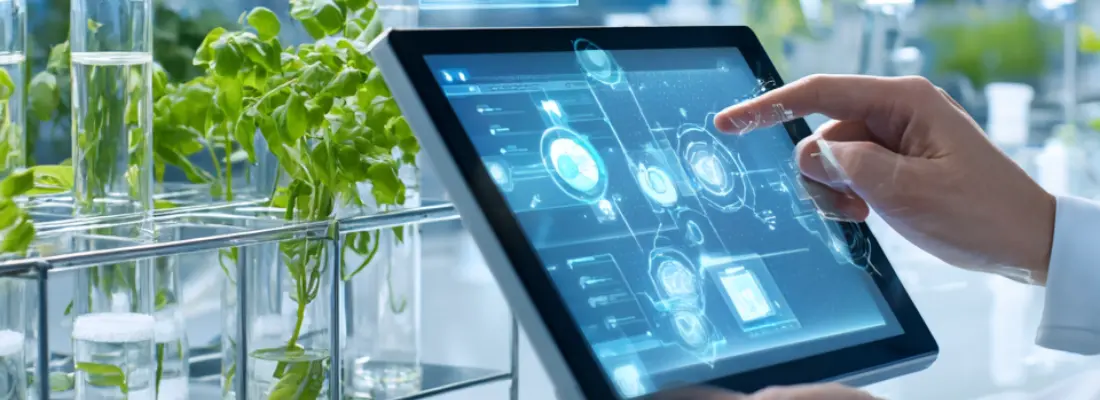 Laboratory professional interacting with a digital tablet showing a LIMS dashboard next to water samples