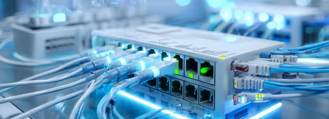 Network switch with multiple connected cables, representing the centralization of instrument data