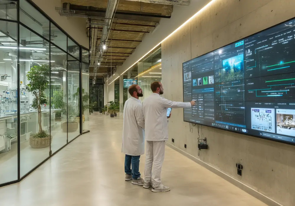 Laboratory professionals consulting a LIMS control panel for ISO 17025 compliance