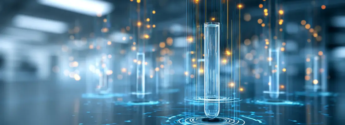 Illuminated test tubes representing the validation of lab results before automated invoicing