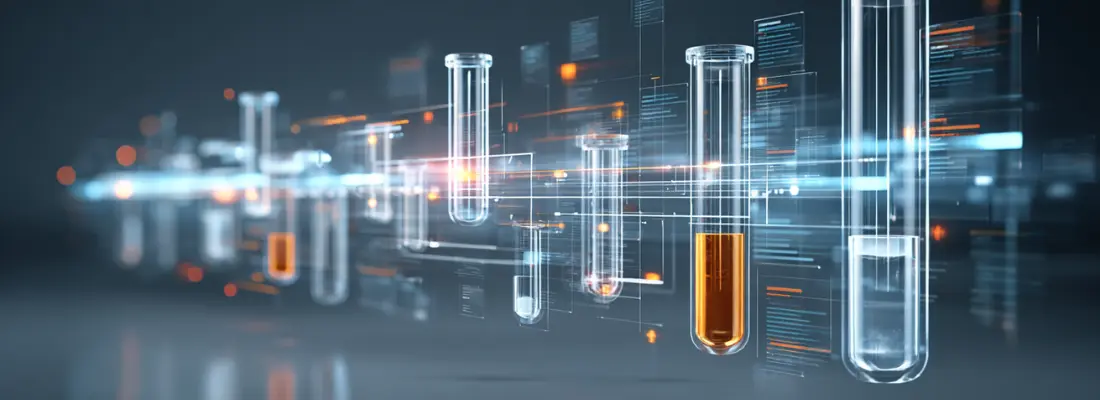 Laboratory vials next to digital data panels representing error control in automated invoicing