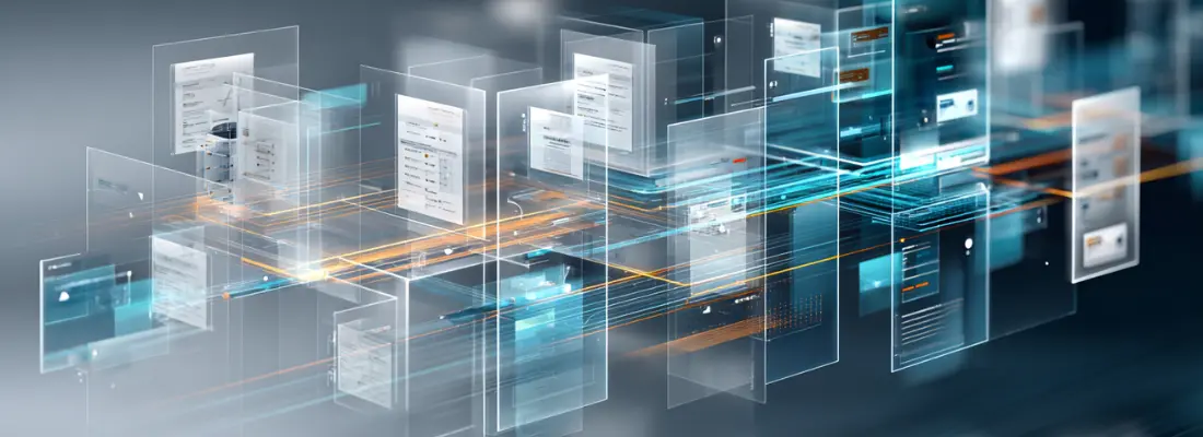 Translucent digital panels representing the data flow between the LIMS analytical catalog and the ERP item master