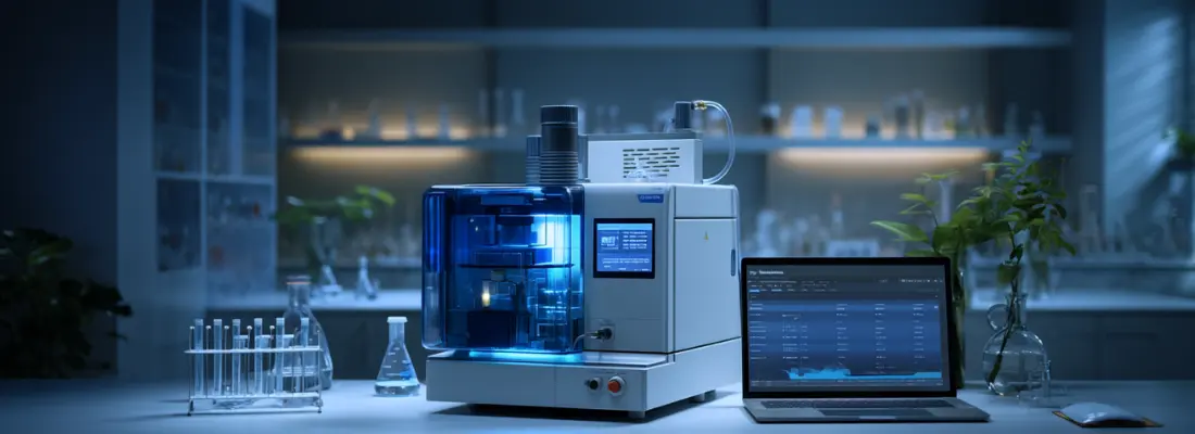 Instrumento analítico de laboratorio conectado a un portátil con software LIMS para captura automática de datos