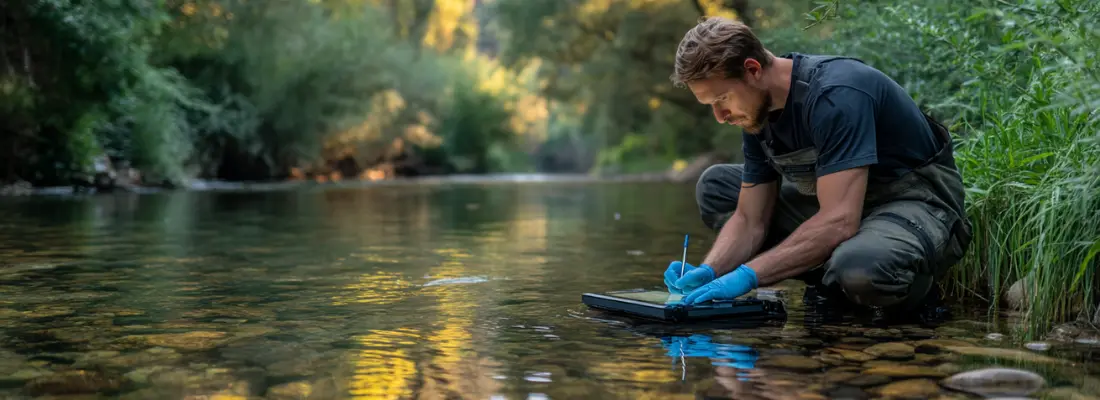 Field technician logging water sampling data on a tablet beside a river