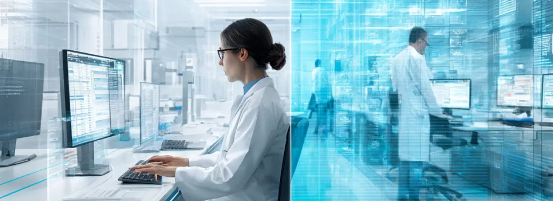 Laboratory analyst working at their station while a colleague reviews results in the LIMS