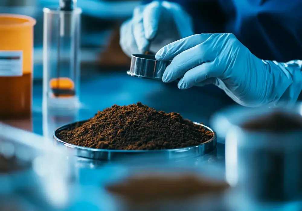 Técnico de laboratorio con guantes manipulando un tamiz sobre una muestra de suelo oscuro en un entorno analítico con iluminación azul profesional