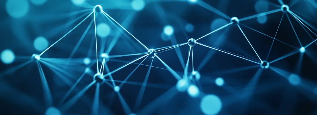 Red de nodos y conexiones luminosas representando la interconexión de datos en un LIMS en la nube
