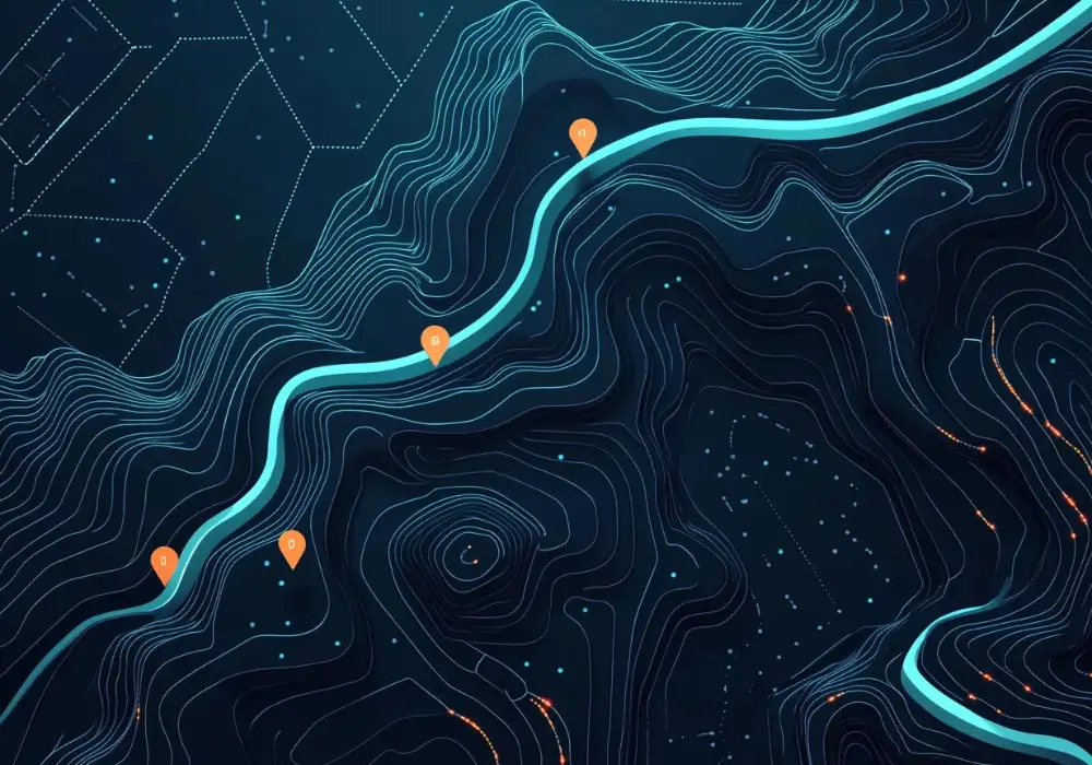 Stylized topographic map with sampling point pins connected by an optimized cyan route