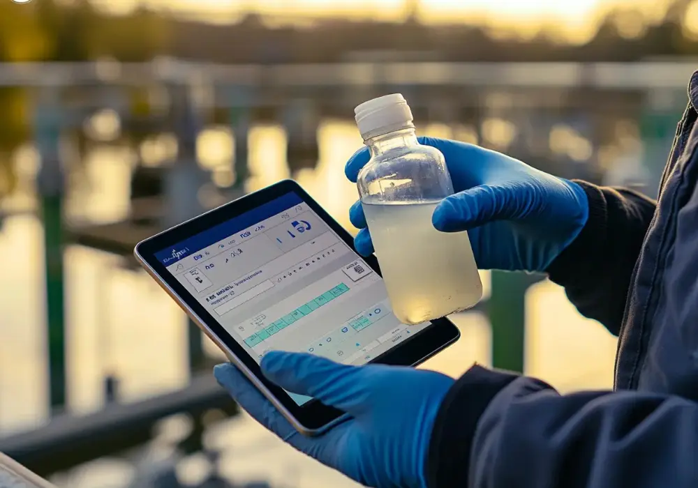 Field technician with gloves records a water sample on a tablet connected to the LIMS at sunset