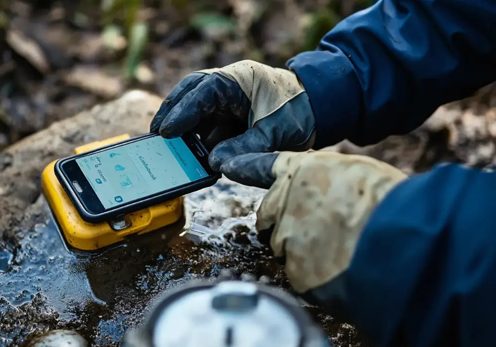 Field technician with gloves confirming sample geolocation on a mobile device at a water infrastructure point
