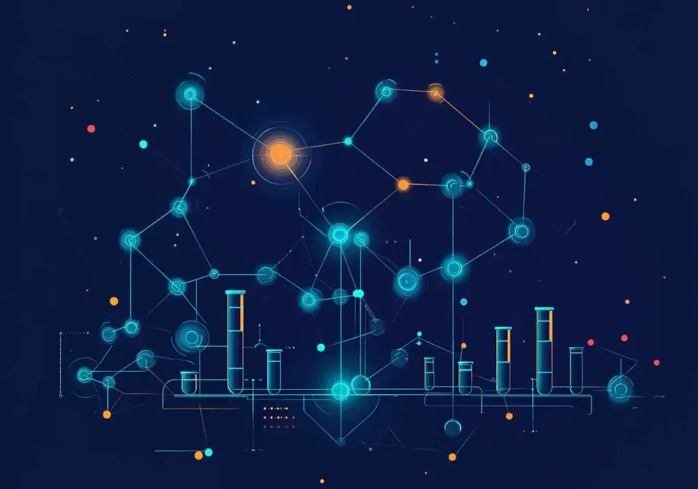 Conceptual illustration of multi-level traceability in a molecular laboratory with connected nodes representing samples, reagents, and instruments